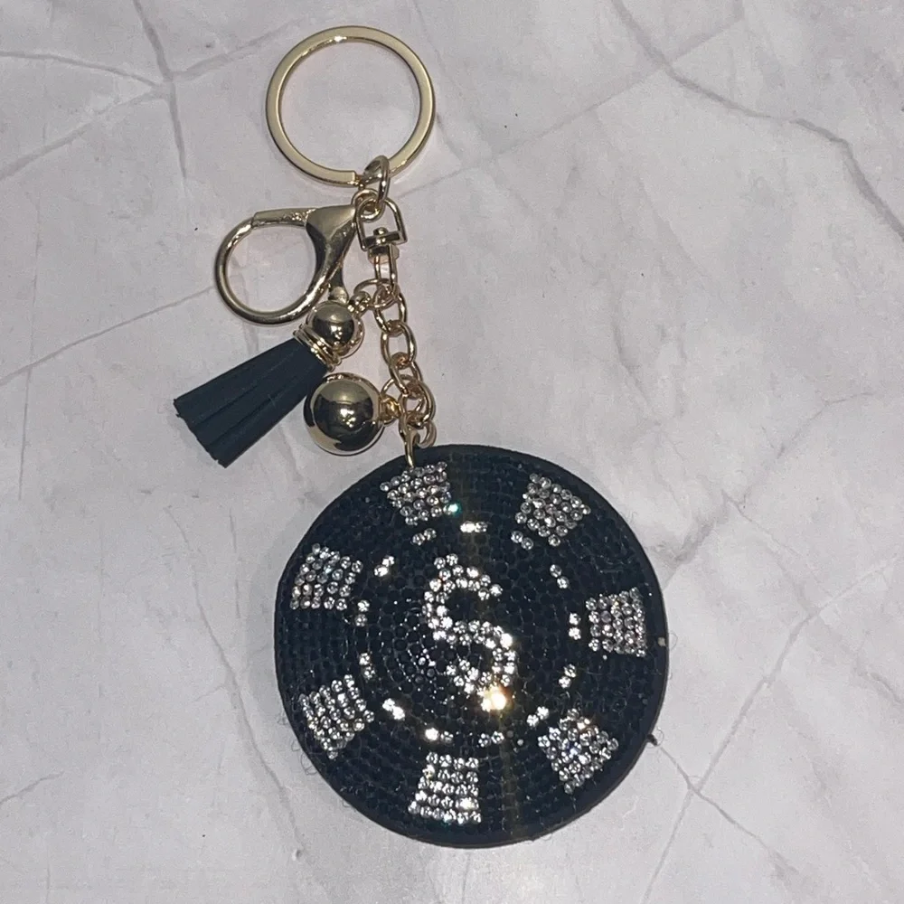 Rhinestone Puff Poker Chip Keychain Bag Charm with Tassel